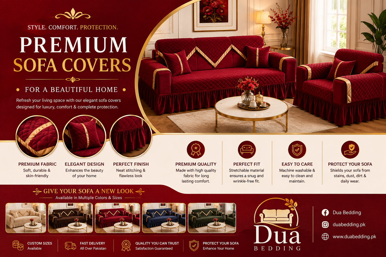 Advertisement for Dua Bedding premium sofa covers with a red sofa and decorative elements.